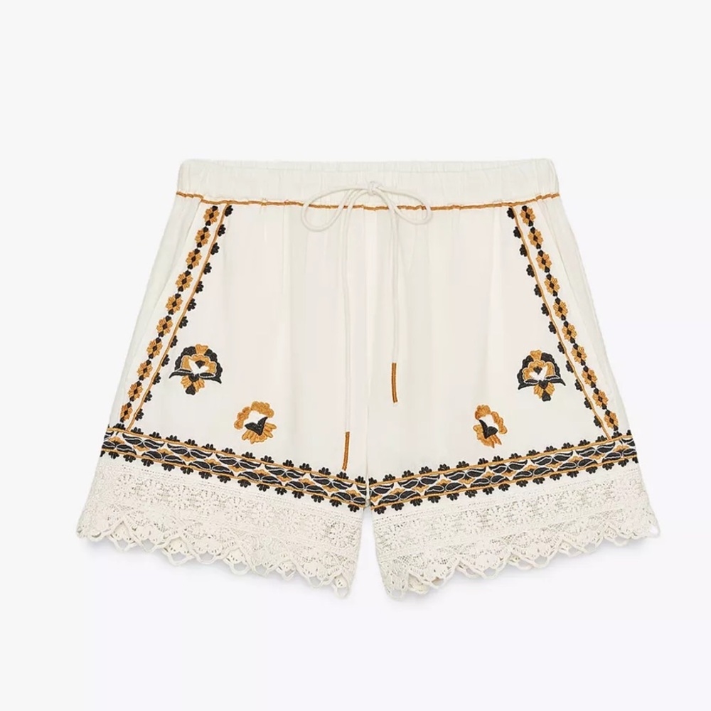 Zara White High Waist Shorts with Embroidery
